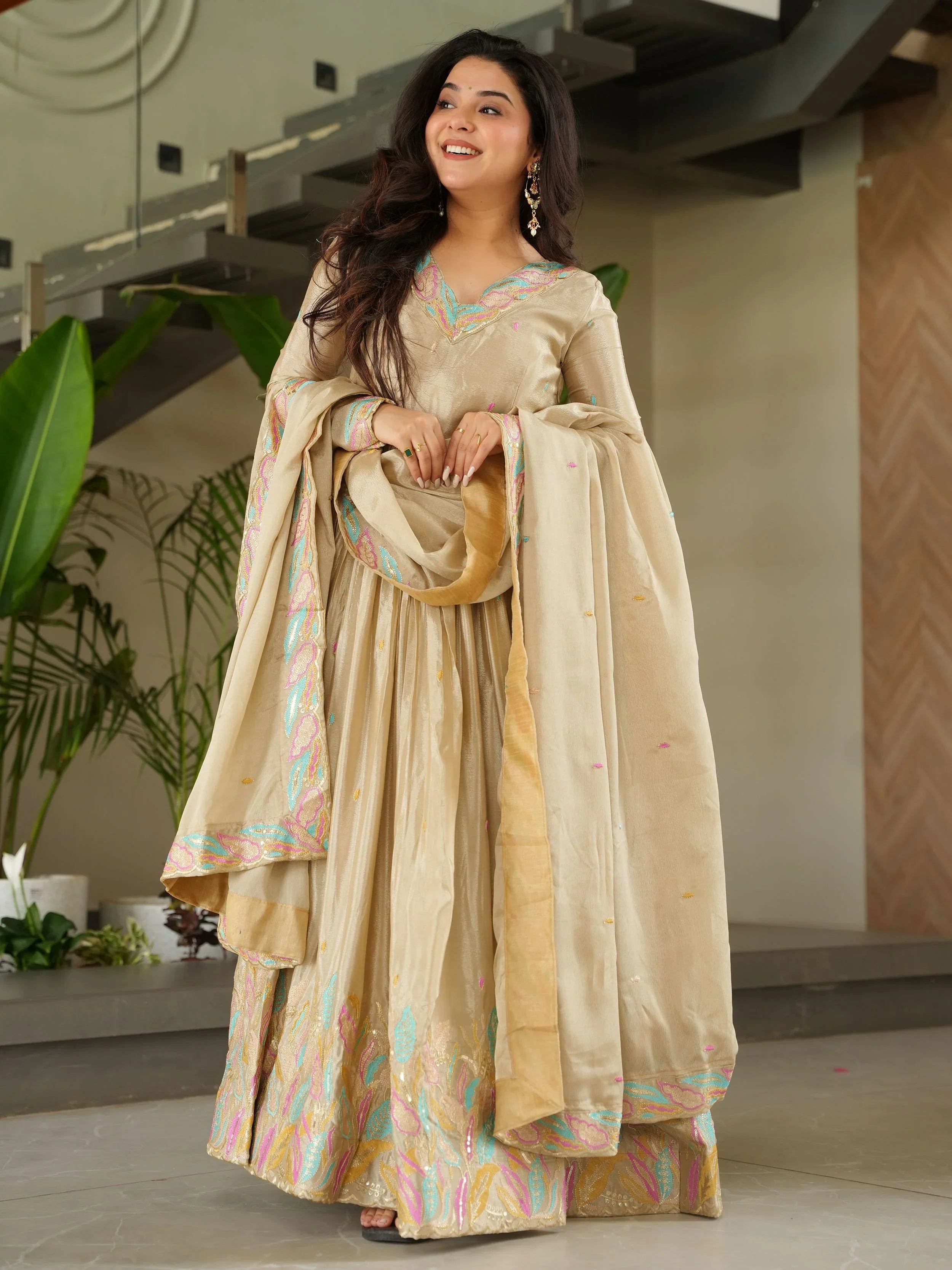 Off-White Chinnon Sequins and Multi Thread Embroidered Gown with Dupatta
