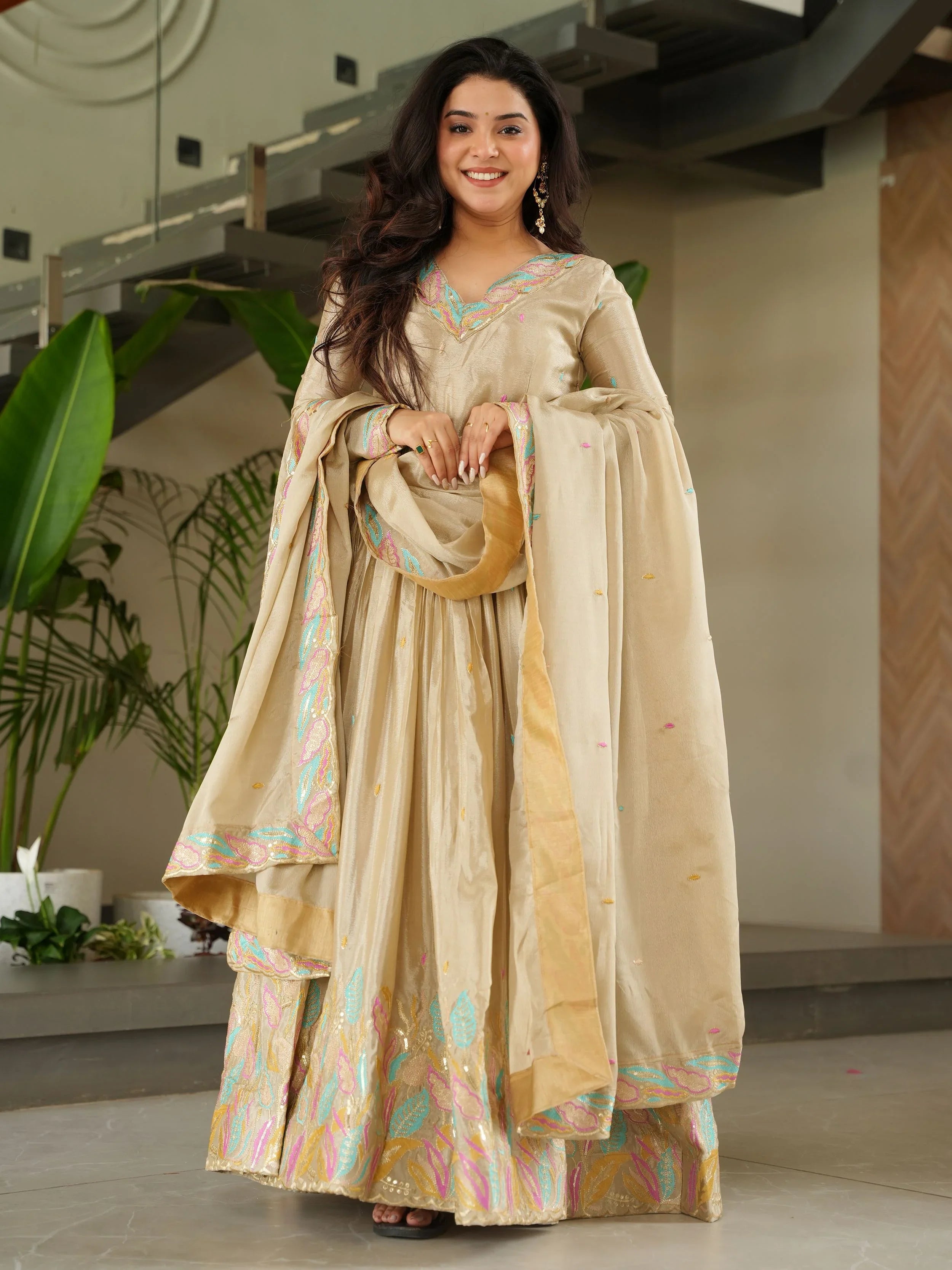 Off-White Chinnon Sequins and Multi Thread Embroidered Gown with Dupatta