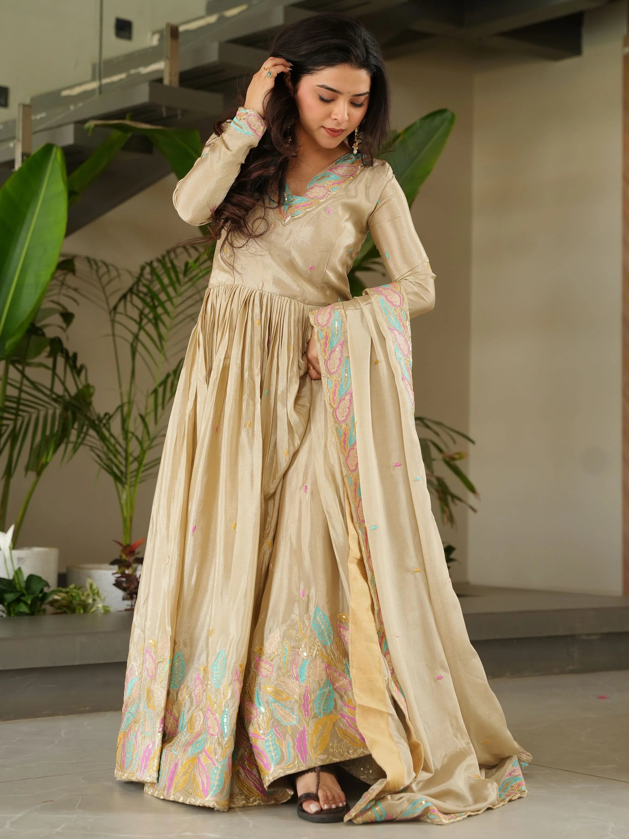 Off-White Chinnon Sequins and Multi Thread Embroidered Gown with Dupatta