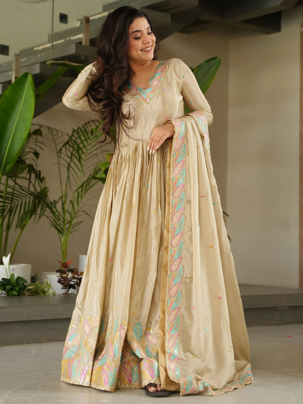 Off-White Chinnon Sequins and Multi Thread Embroidered Gown with Dupatta
