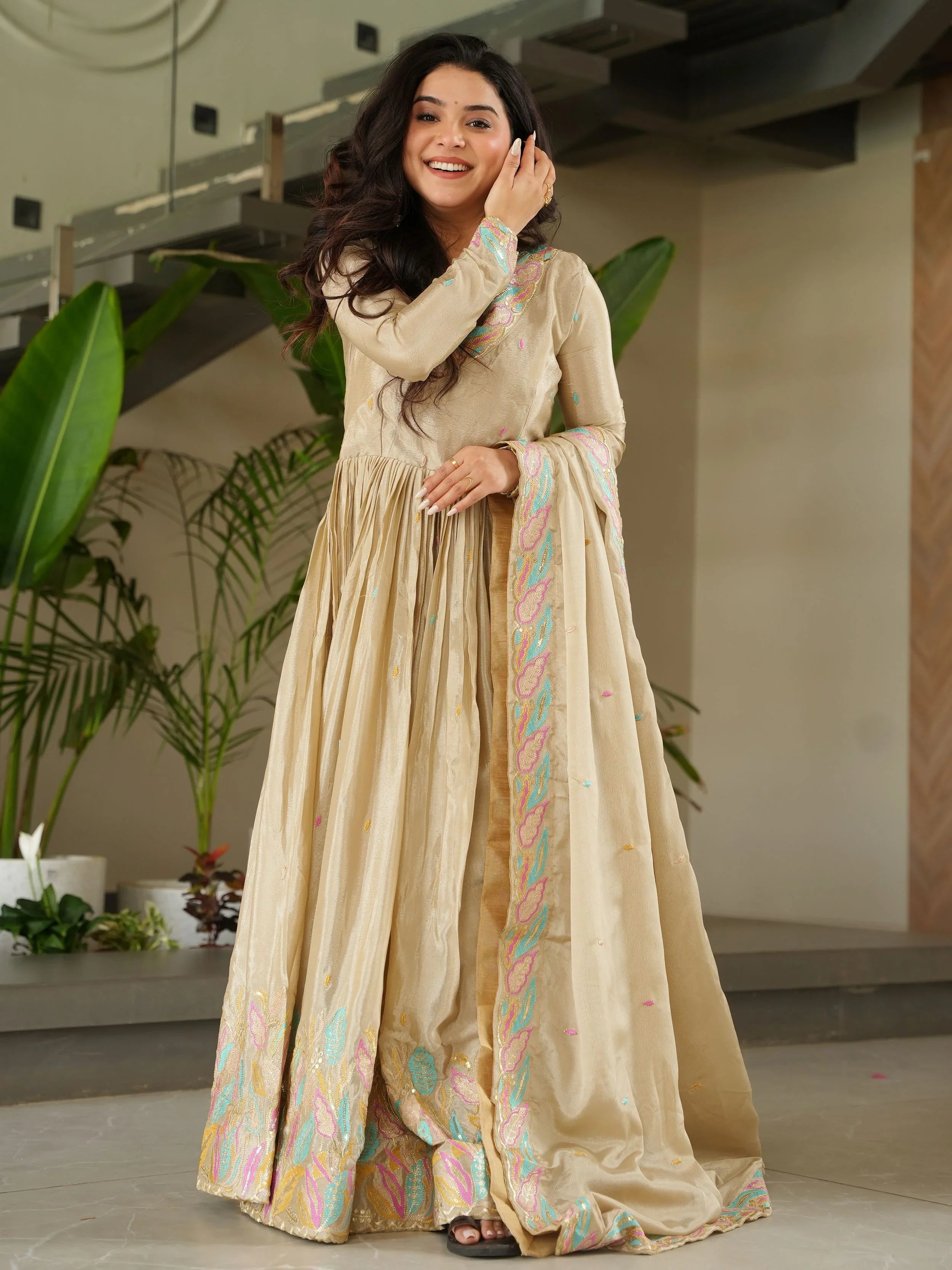 Off-White Chinnon Sequins and Multi Thread Embroidered Gown with Dupatta
