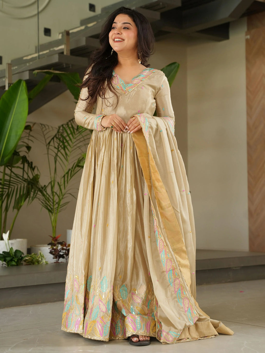 Off-White Chinnon Sequins and Multi Thread Embroidered Gown with Dupatta