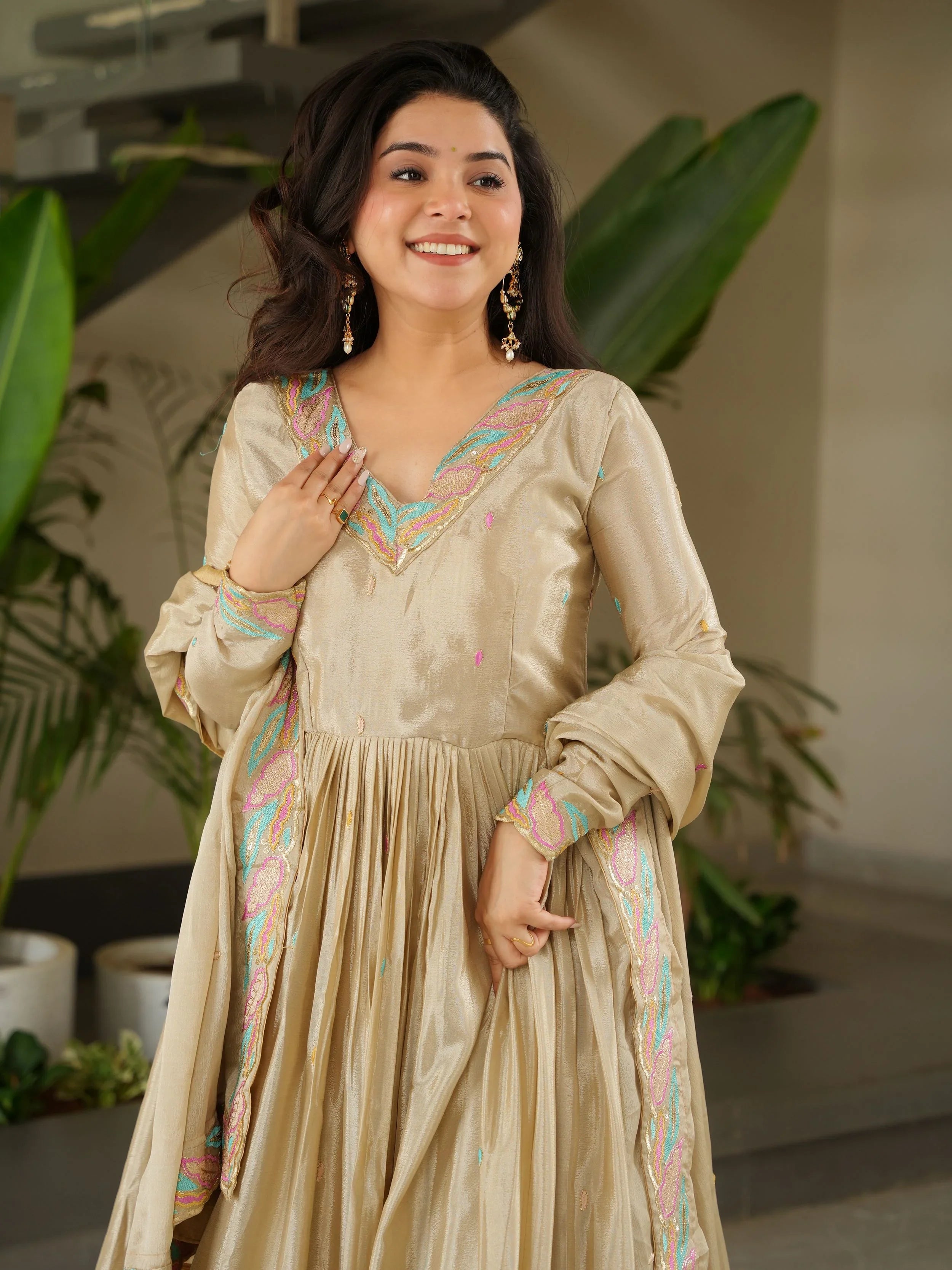 Off-White Chinnon Sequins and Multi Thread Embroidered Gown with Dupatta