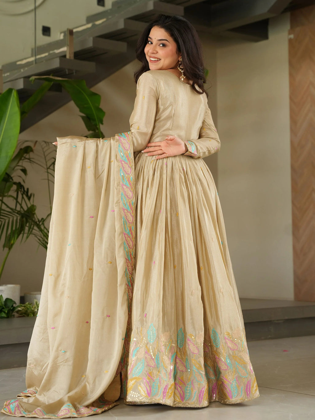 Off-White Chinnon Sequins and Multi Thread Embroidered Gown with Dupatta