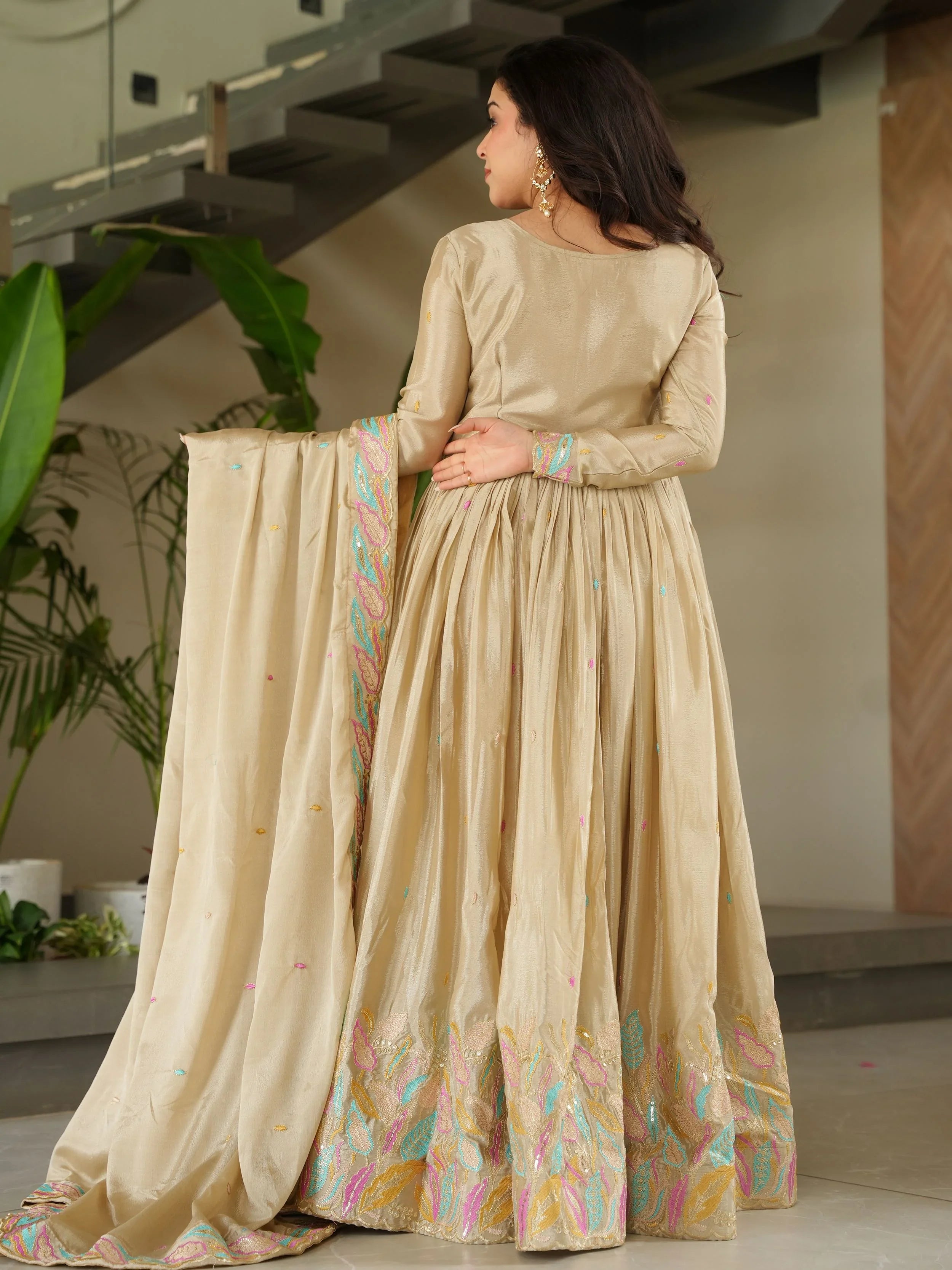 Off-White Chinnon Sequins and Multi Thread Embroidered Gown with Dupatta