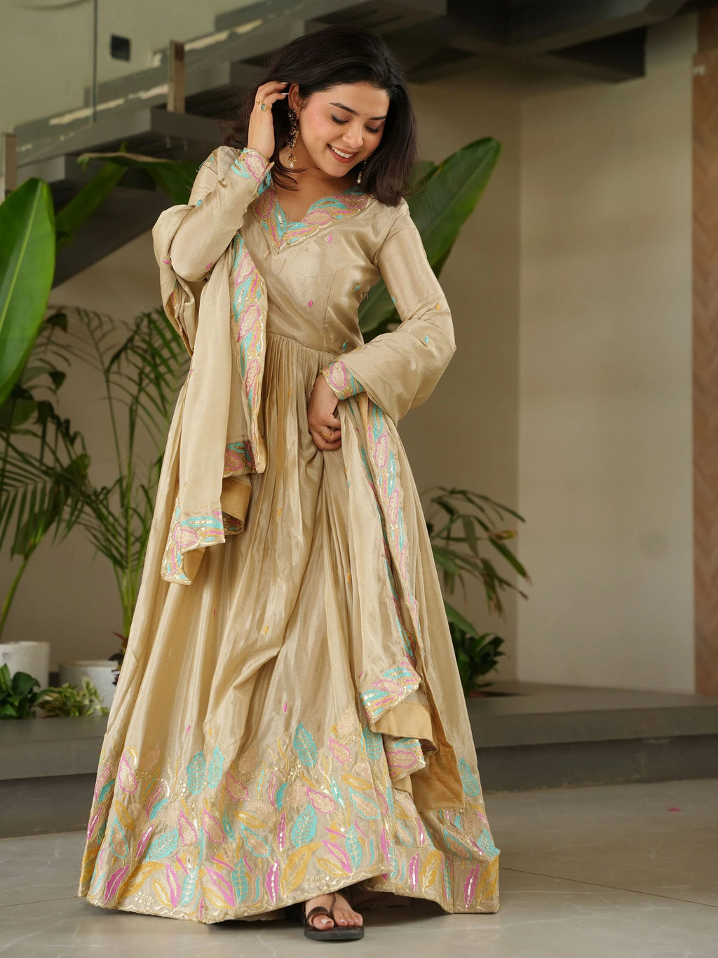 Off-White Chinnon Sequins and Multi Thread Embroidered Gown with Dupatta
