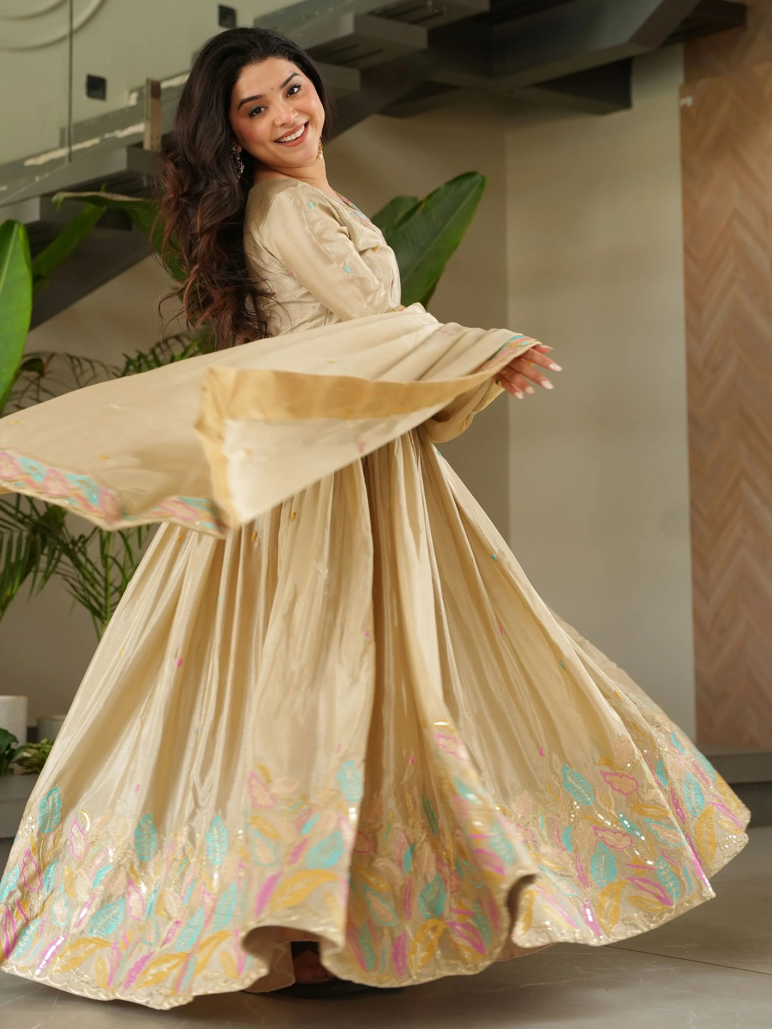 Off-White Chinnon Sequins and Multi Thread Embroidered Gown with Dupatta