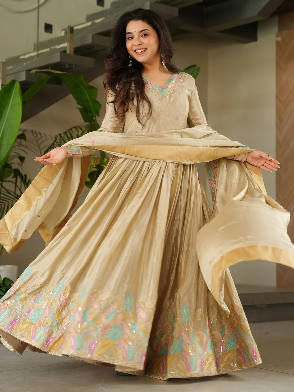 Off-White Chinnon Sequins and Multi Thread Embroidered Gown with Dupatta