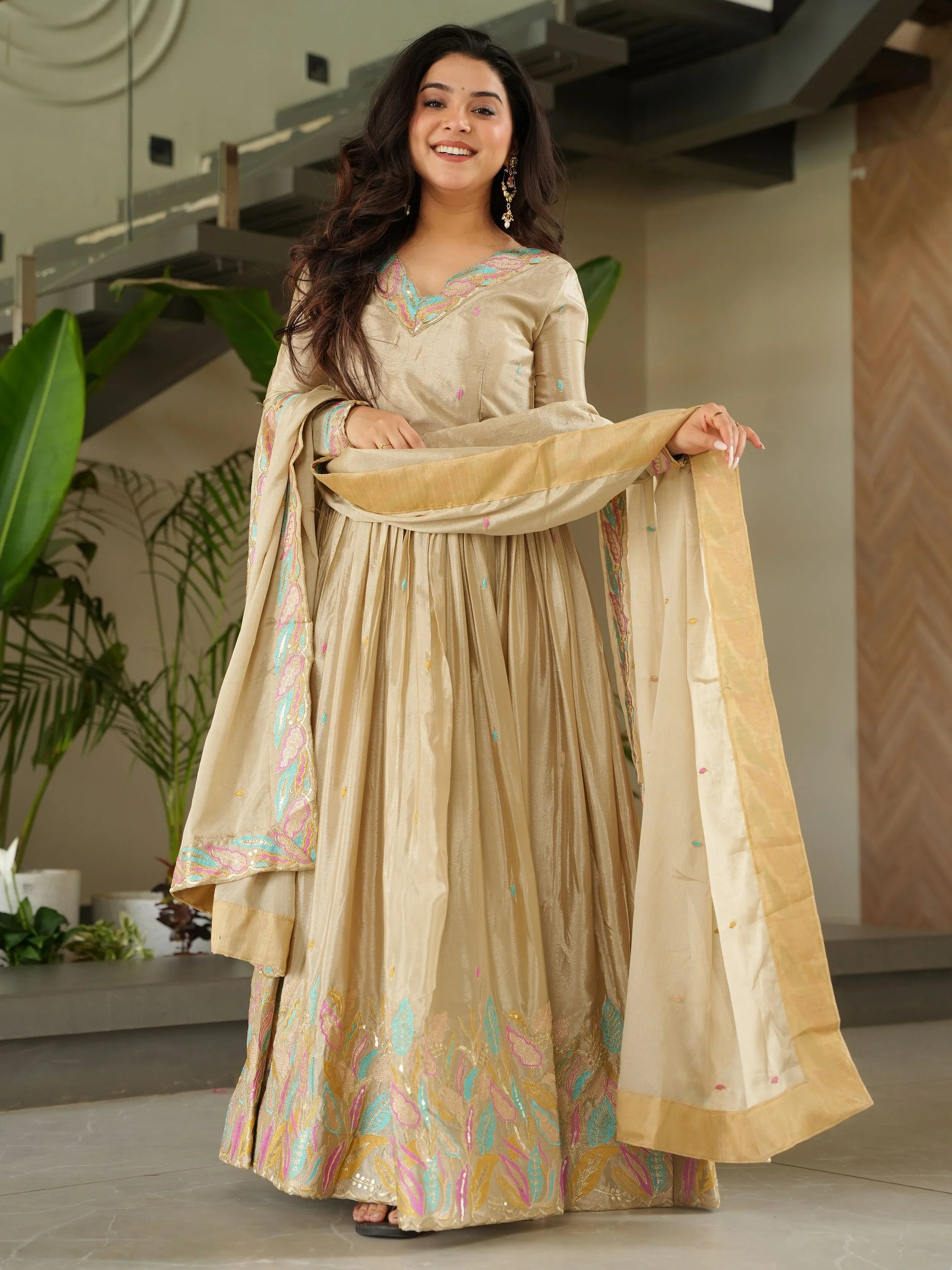 Off-White Chinnon Sequins and Multi Thread Embroidered Gown with Dupatta