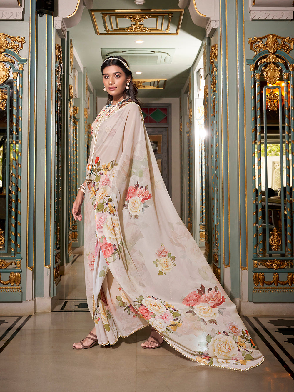 Off-White Georgette Printed Saree with Pearl Lace Border