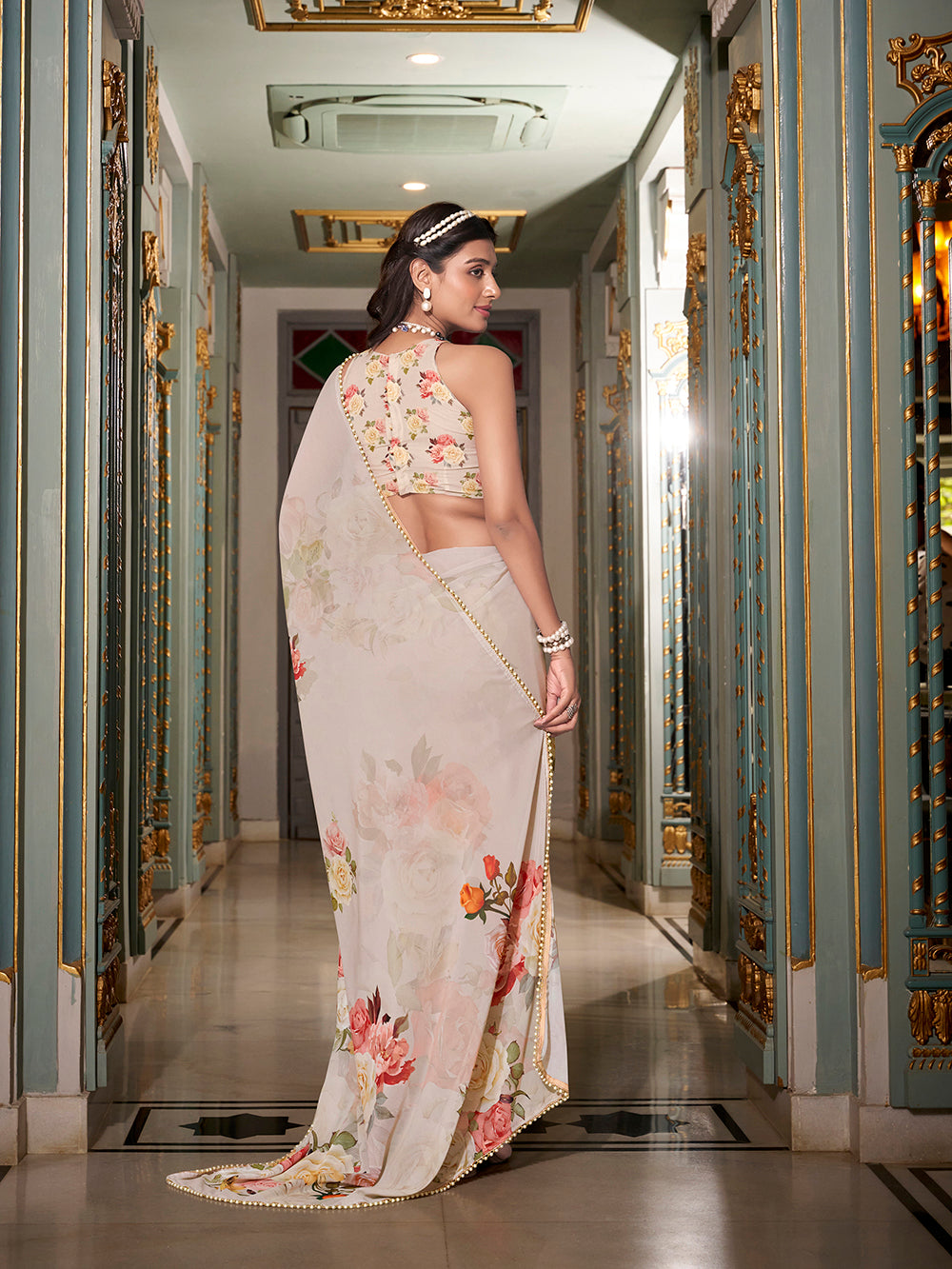 Off-White Georgette Printed Saree with Pearl Lace Border