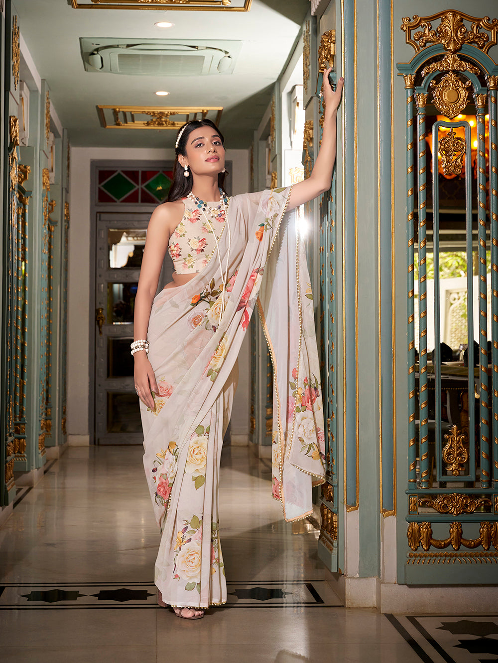 Off-White Georgette Printed Saree with Pearl Lace Border