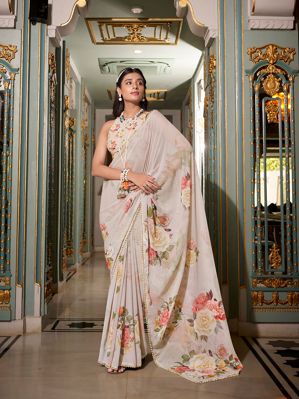 Off-White Georgette Printed Saree with Pearl Lace Border