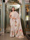 Off-White Georgette Printed Saree with Pearl Lace Border