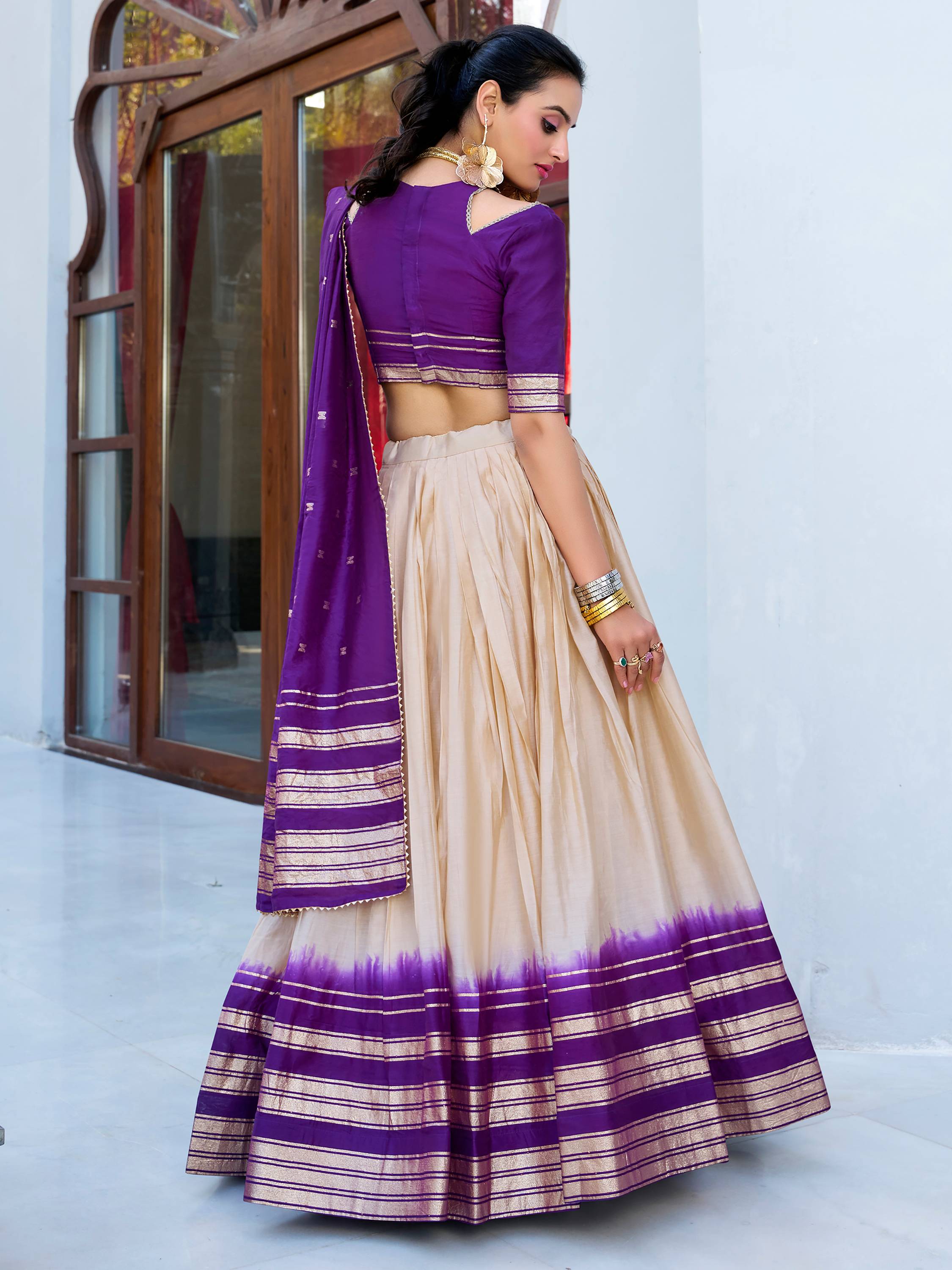 Off-White Pure Chanderi Zari Weaving Lehenga Choli with Dupatta