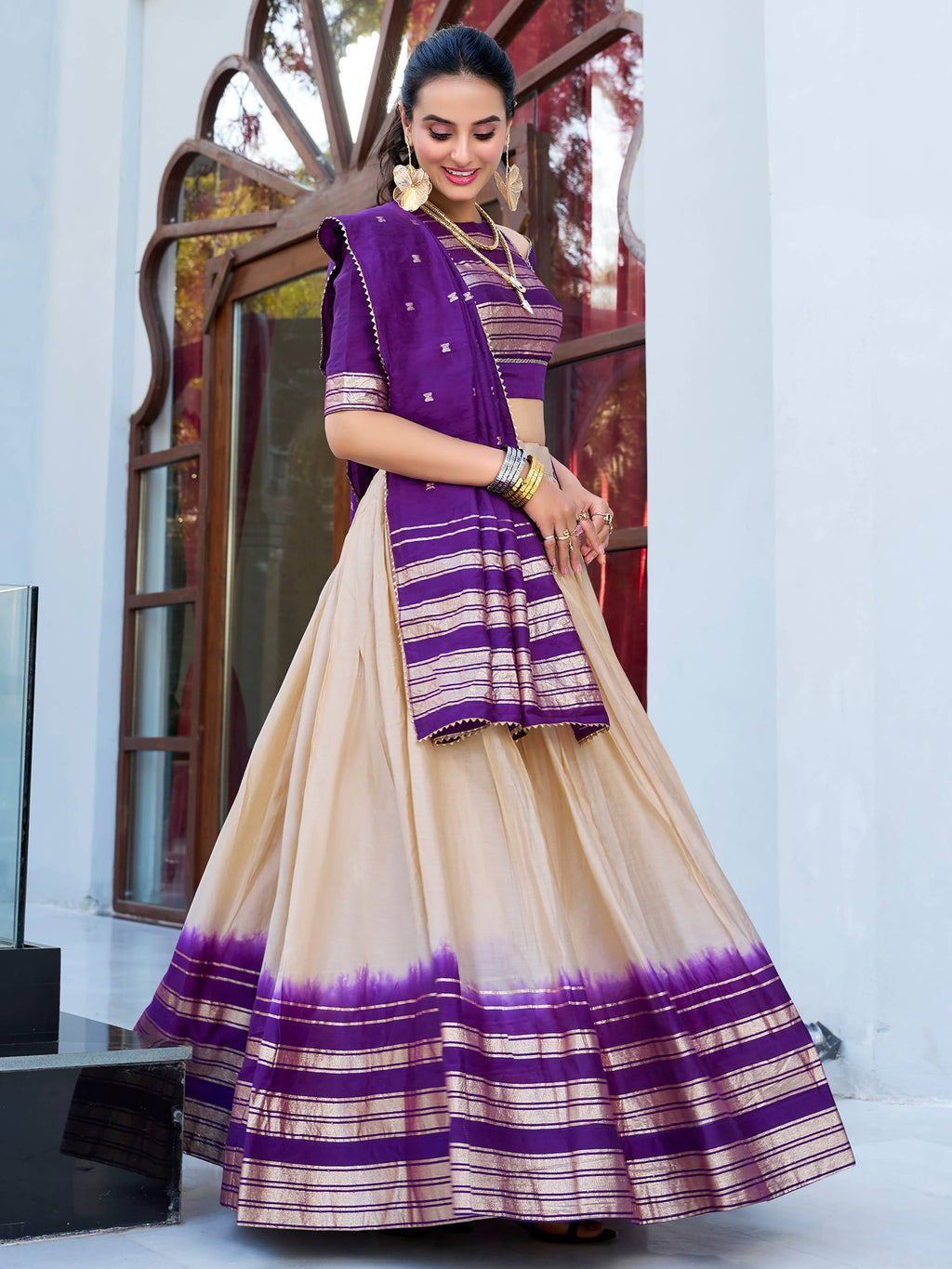 Off-White Pure Chanderi Zari Weaving Lehenga Choli with Dupatta