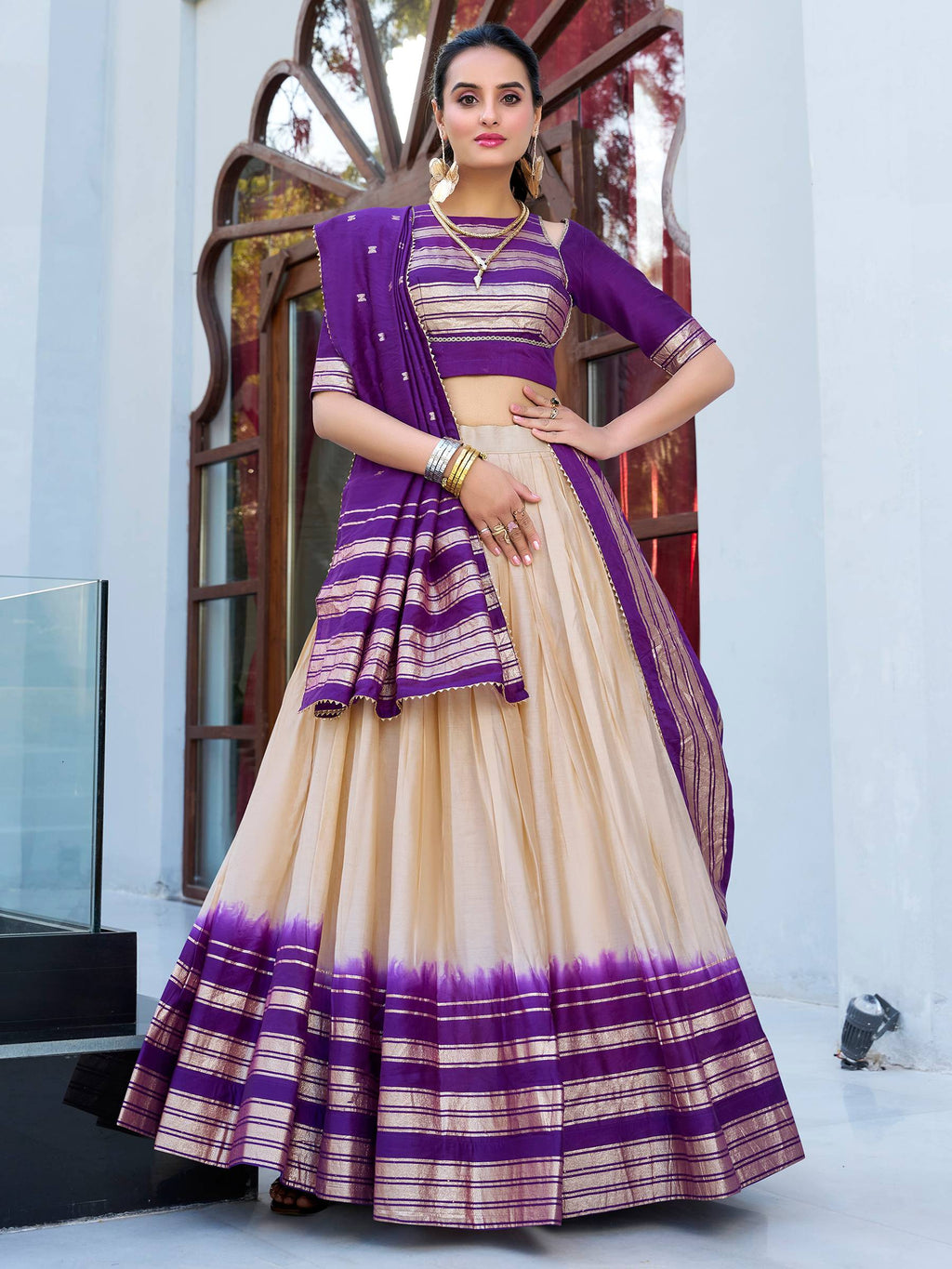 Off-White Pure Chanderi Zari Weaving Lehenga Choli with Dupatta