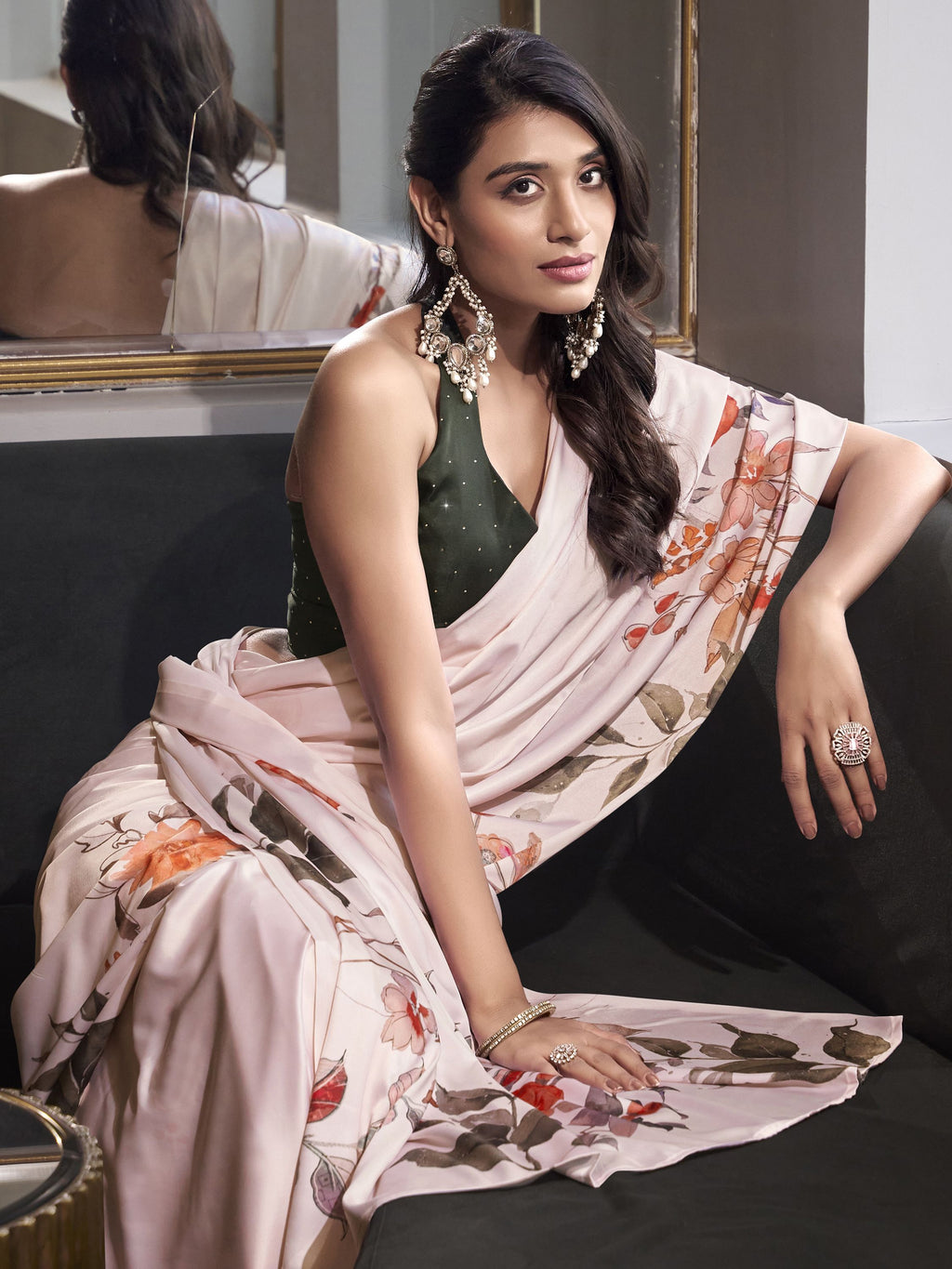 Off-White Satin Silk Printed Saree with Moonga Silk Blouse
