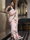Off-White Satin Silk Printed Saree with Moonga Silk Blouse