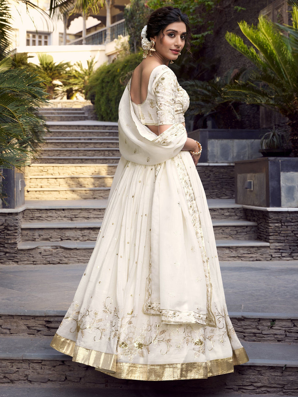Off white silver glossy embroidered lehenga choli with dupatta