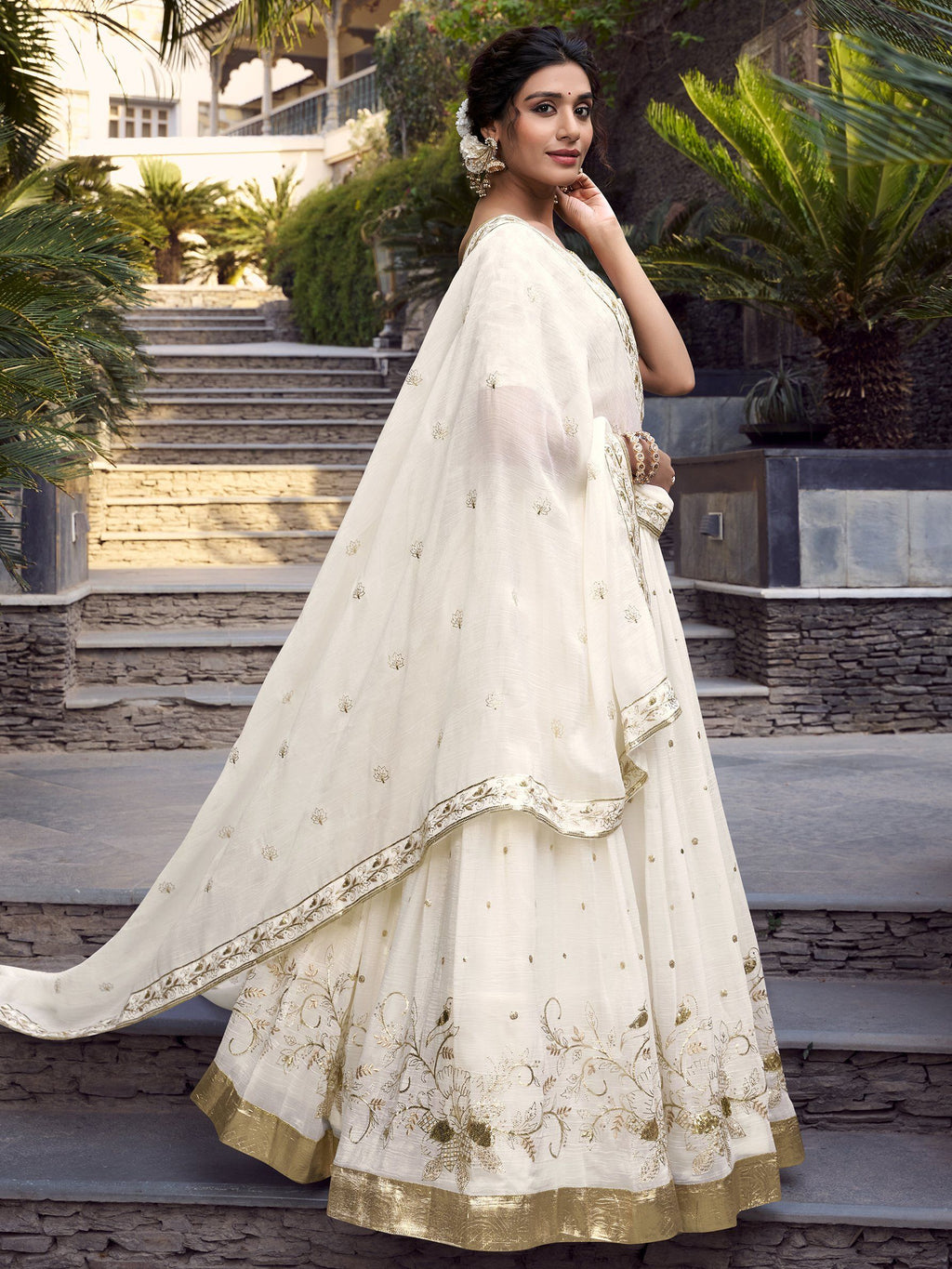 Off white silver glossy embroidered lehenga choli with dupatta