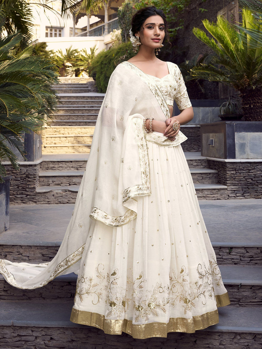 Off white silver glossy embroidered lehenga choli with dupatta