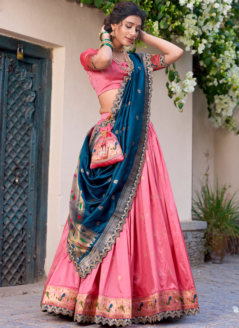 Onion Pink Jacquard Silk Paithani Lehenga Choli with Dupatta & Batwa