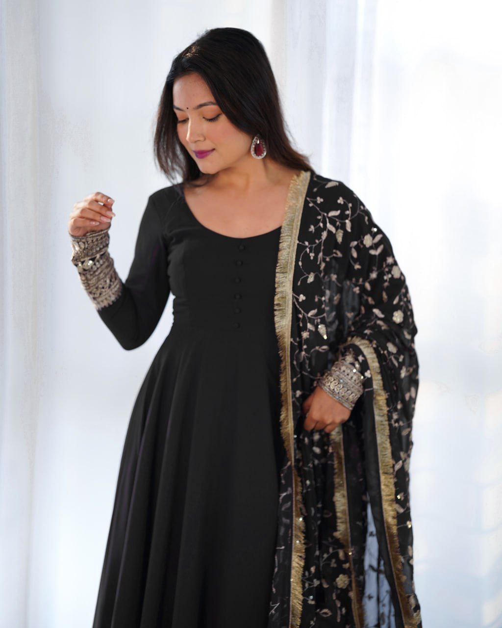 Opulent Georgette Ensemble: Sequin & Jari Black Kurti Embellishments