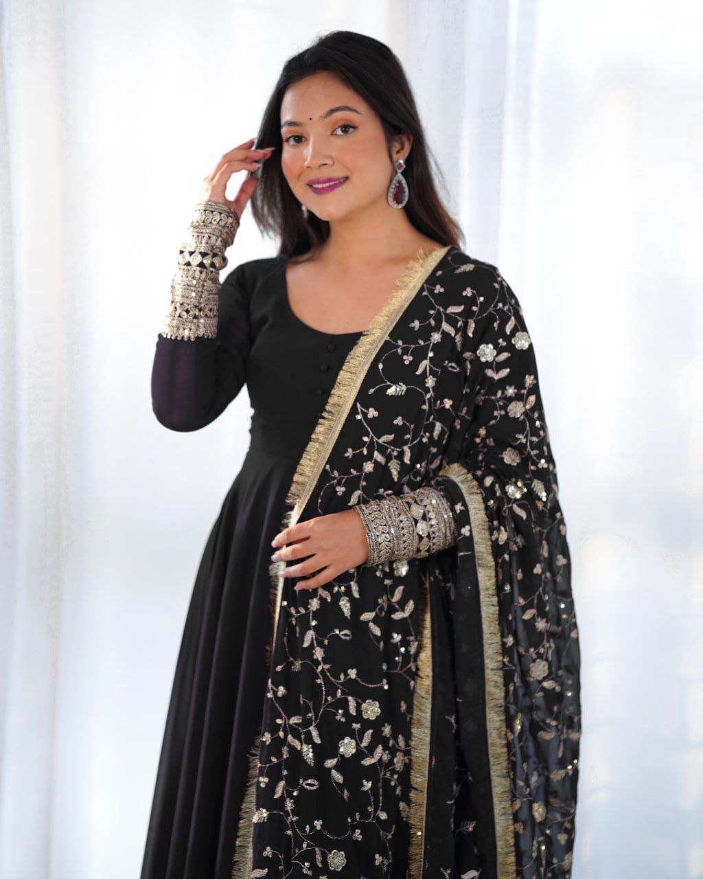 Opulent Georgette Ensemble: Sequin & Jari Black Kurti Embellishments
