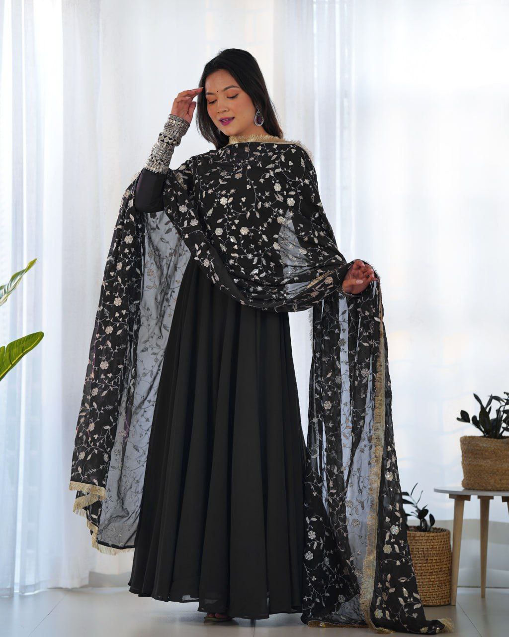 Opulent Georgette Ensemble: Sequin & Jari Black Kurti Embellishments