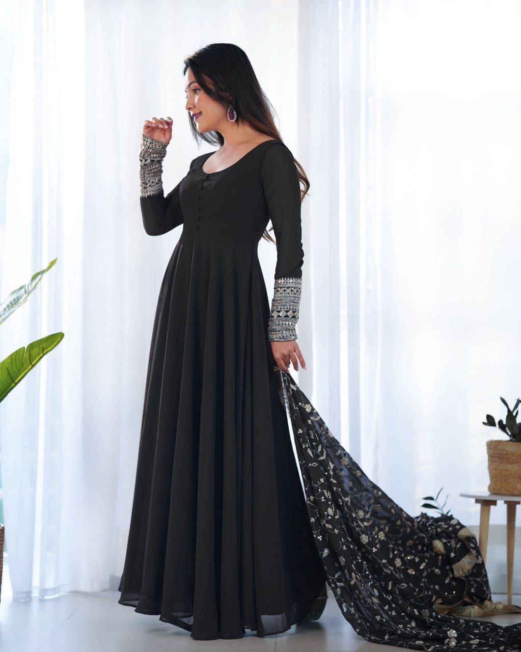 Opulent Georgette Ensemble: Sequin & Jari Black Kurti Embellishments