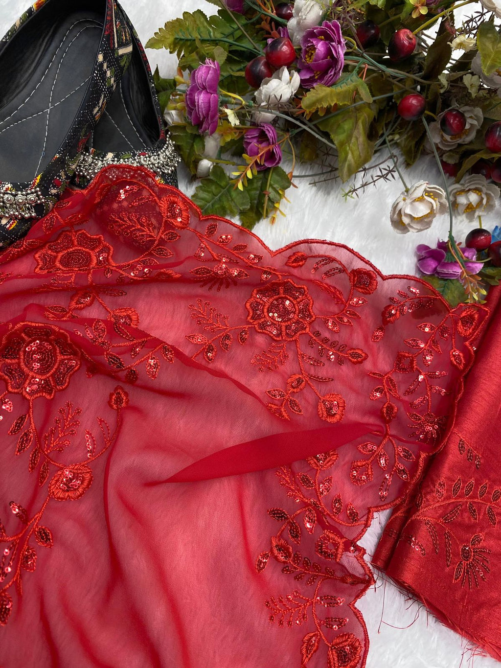 Opulent Red Embroidered Georgette Saree