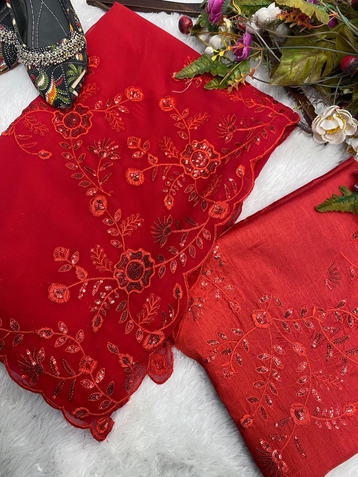 Opulent Red Embroidered Georgette Saree