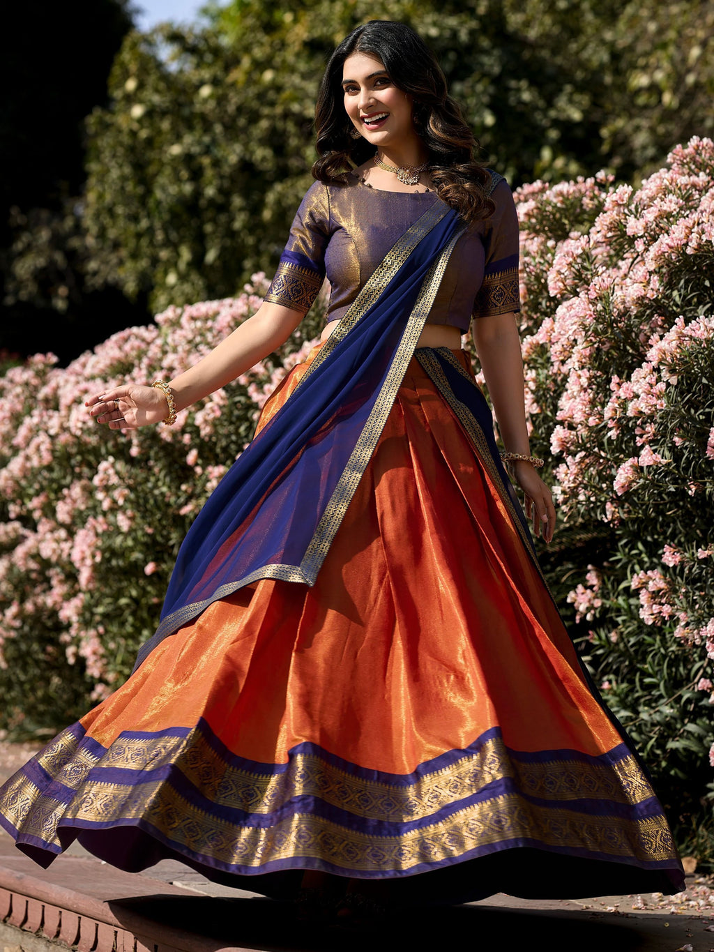 Orange Kanchipuram Silk Zari Weaving Work Traditional Lehenga Choli