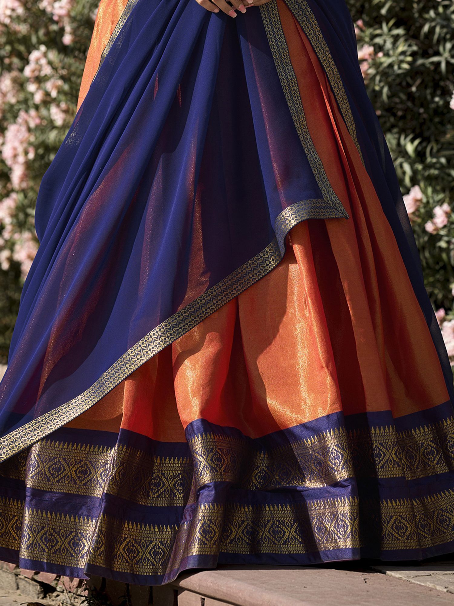Orange Kanchipuram Silk Zari Weaving Work Traditional Lehenga Choli