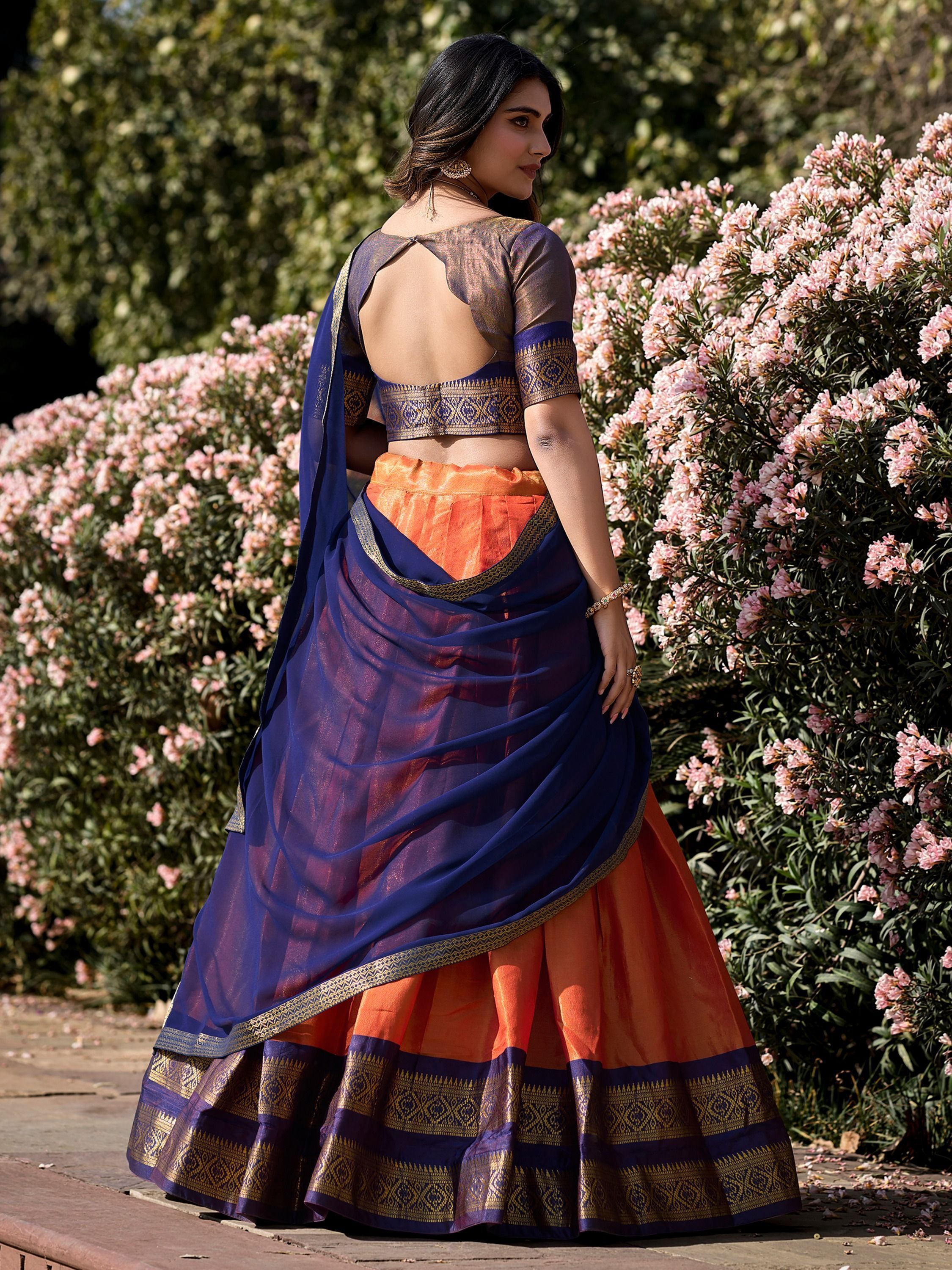 Orange Kanchipuram Silk Zari Weaving Work Traditional Lehenga Choli