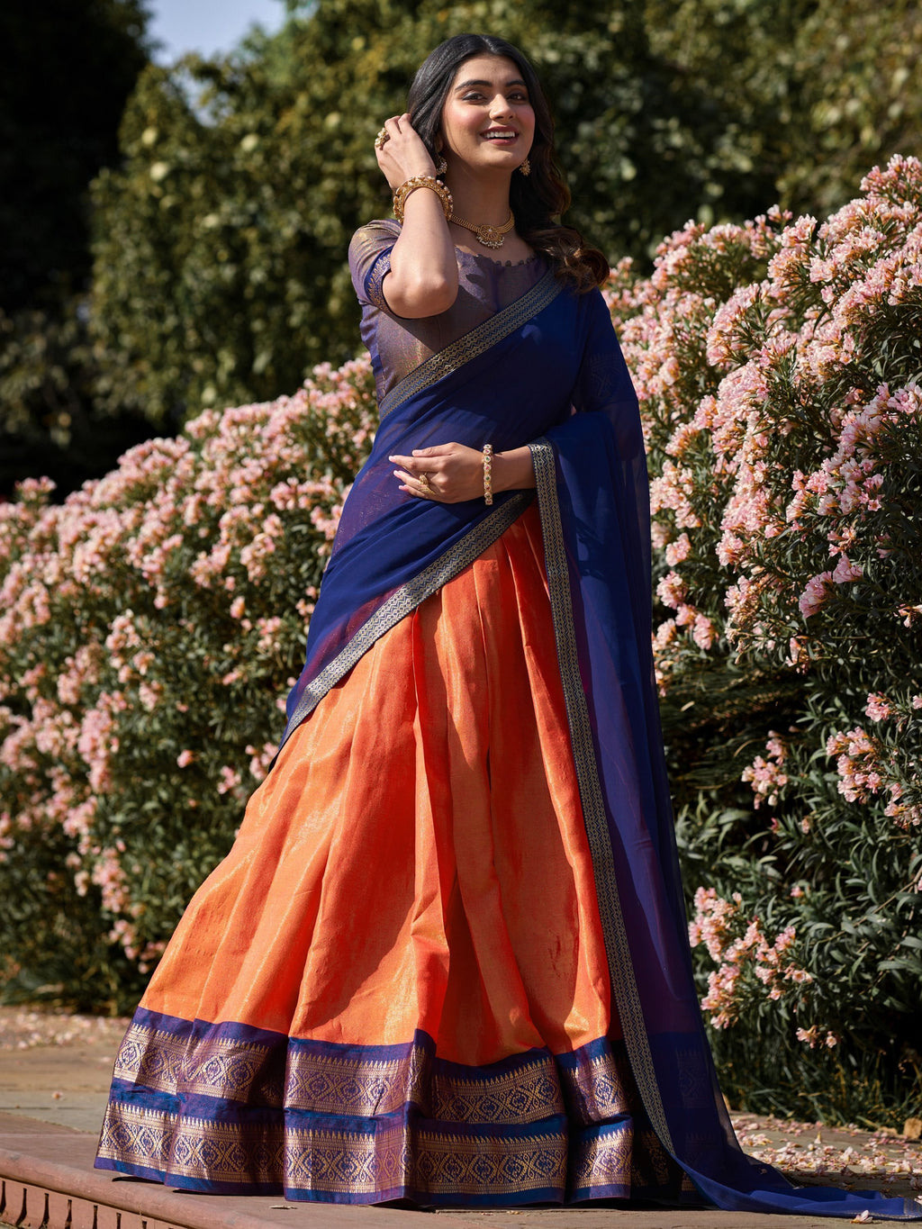 Orange Kanchipuram Silk Zari Weaving Work Traditional Lehenga Choli
