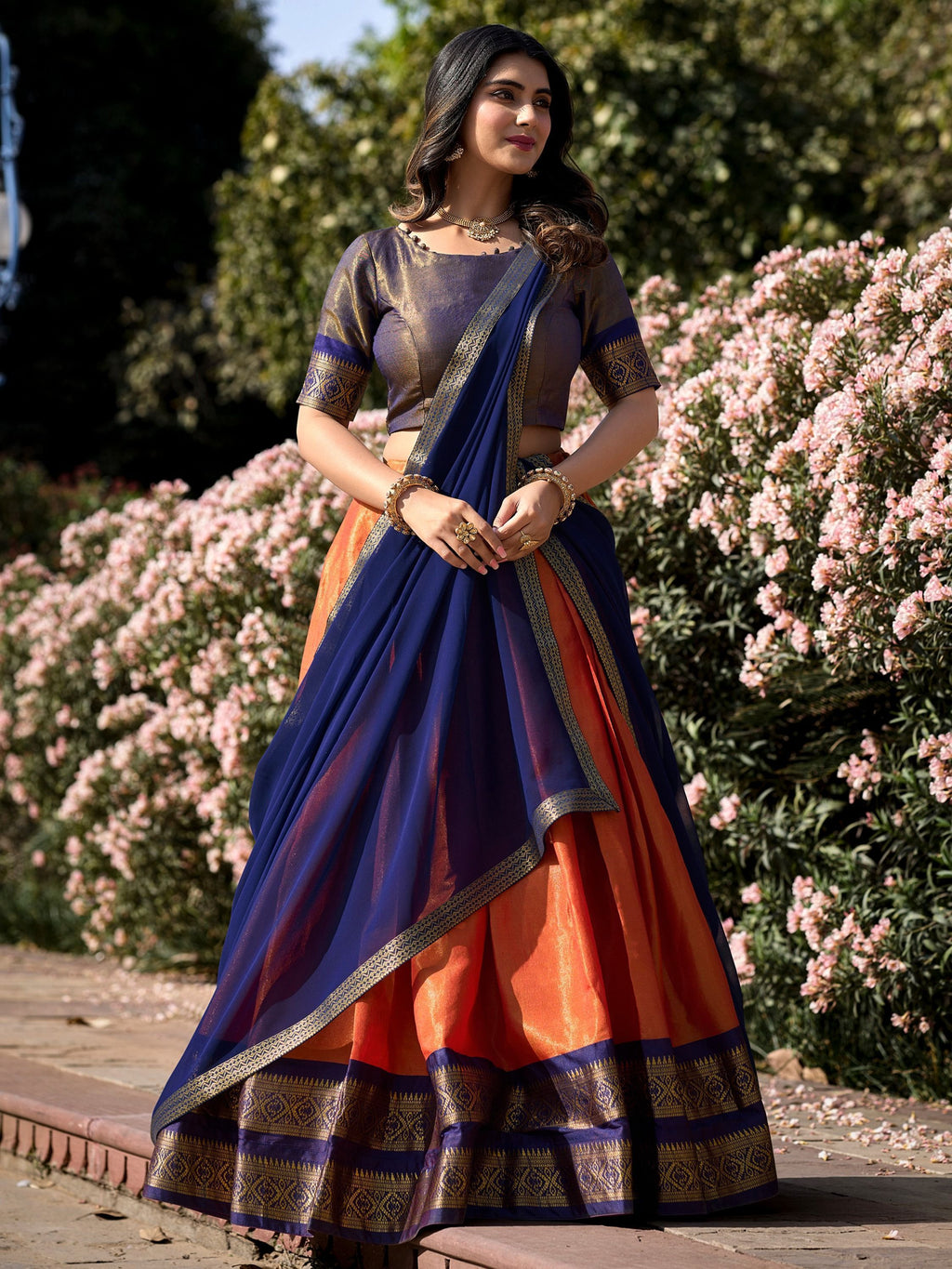 Orange Kanchipuram Silk Zari Weaving Work Traditional Lehenga Choli