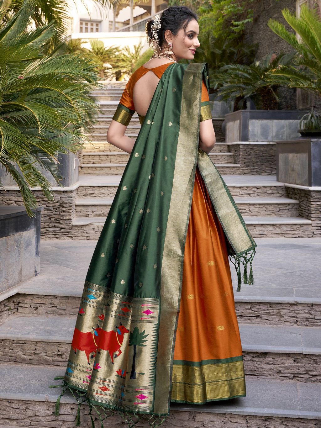 Sayli Orange Paithani Jacquard Silk Lehenga Choli with Zari Weaving Work
