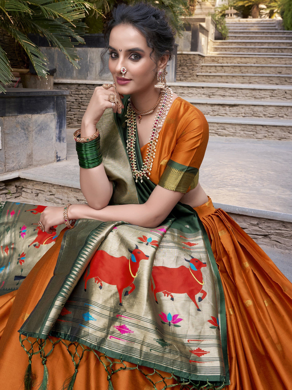 Sayli Orange Paithani Jacquard Silk Lehenga Choli with Zari Weaving Work