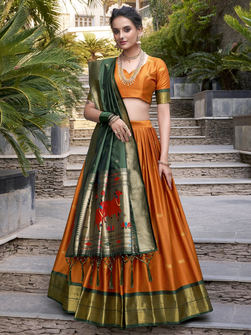 Sayli Orange Paithani Jacquard Silk Lehenga Choli with Zari Weaving Work