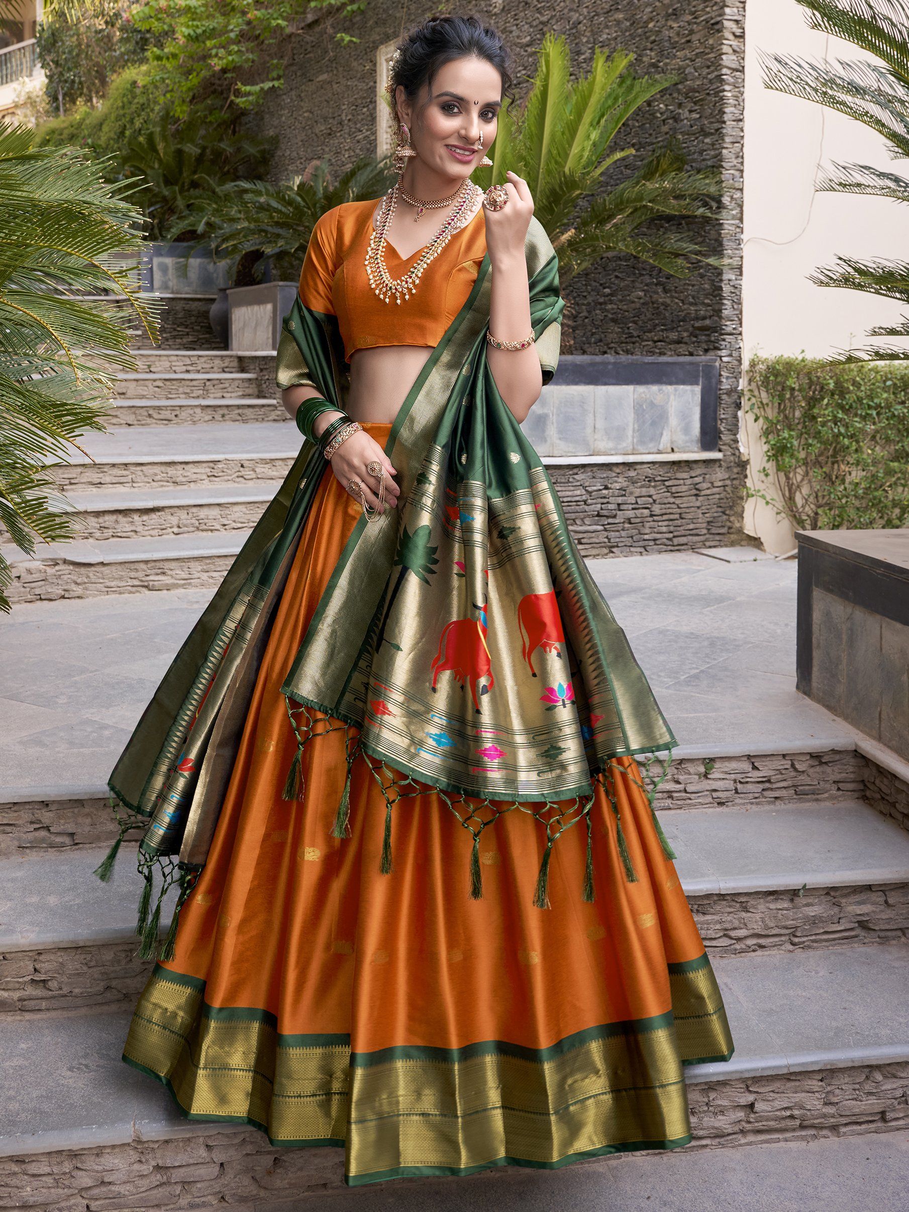 Sayli Orange Paithani Jacquard Silk Lehenga Choli with Zari Weaving Work