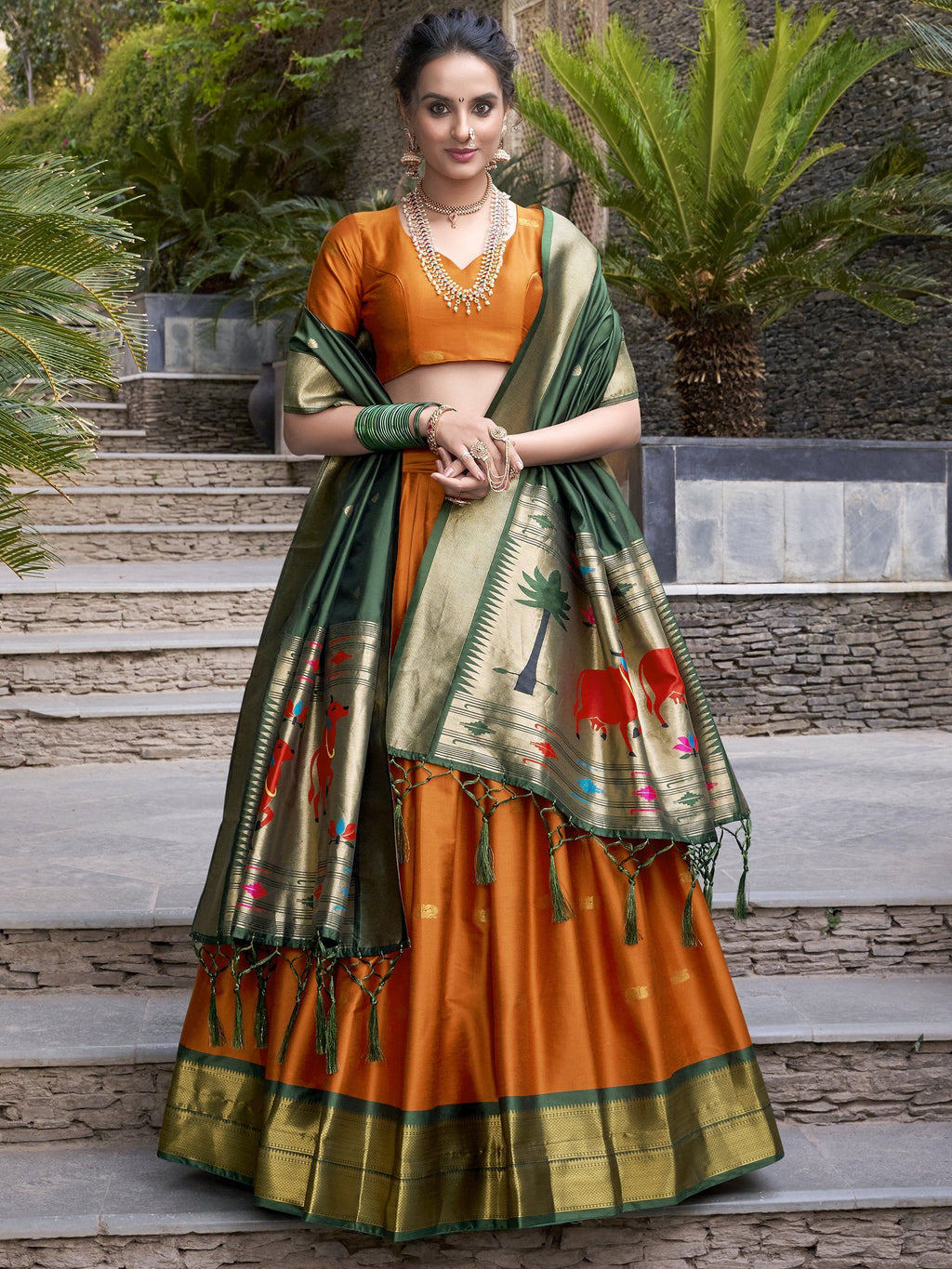Sayli Orange Paithani Jacquard Silk Lehenga Choli with Zari Weaving Work
