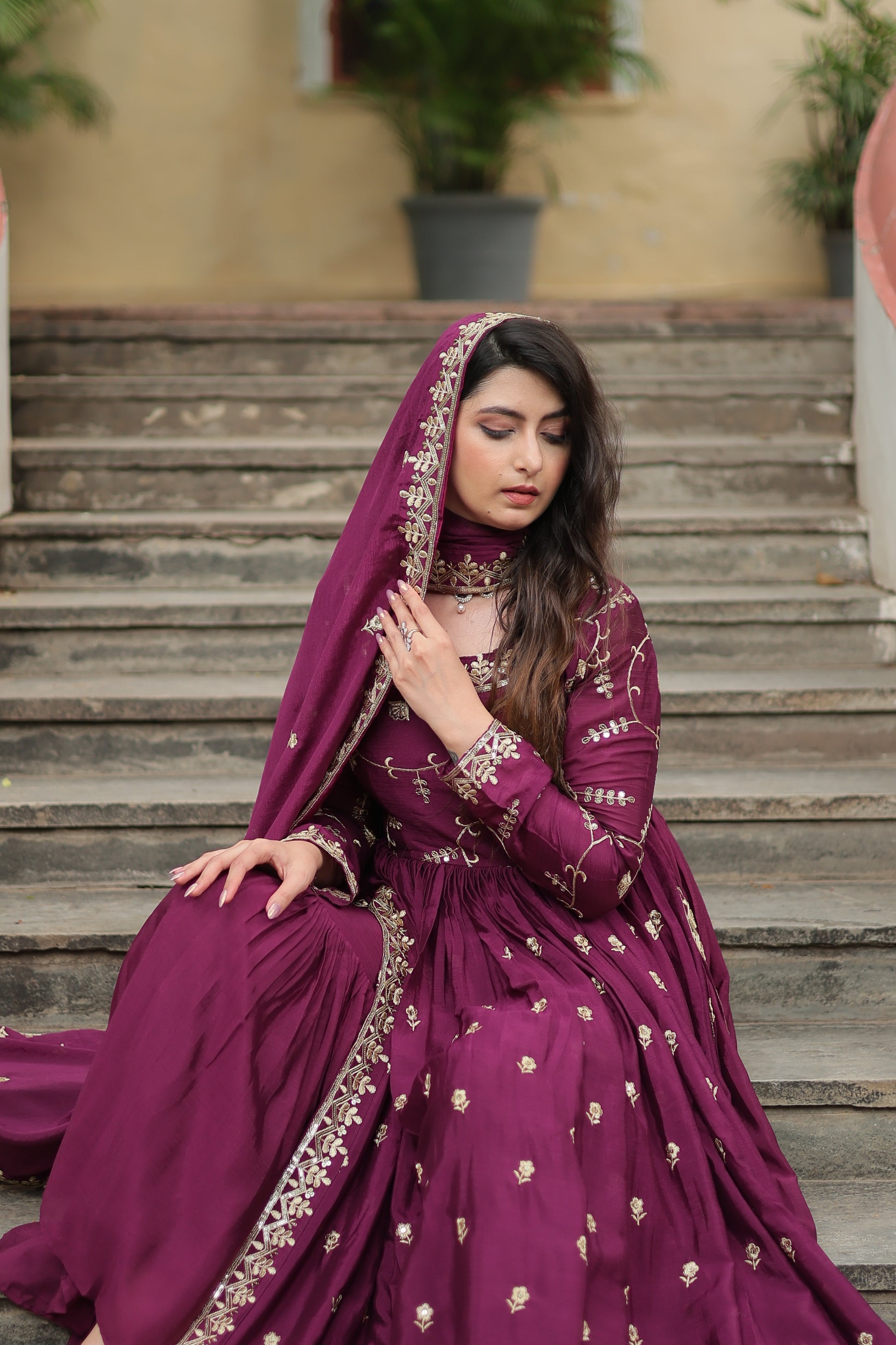 Paridhi Wine Georgette Embroidered Kurti Sharara Set