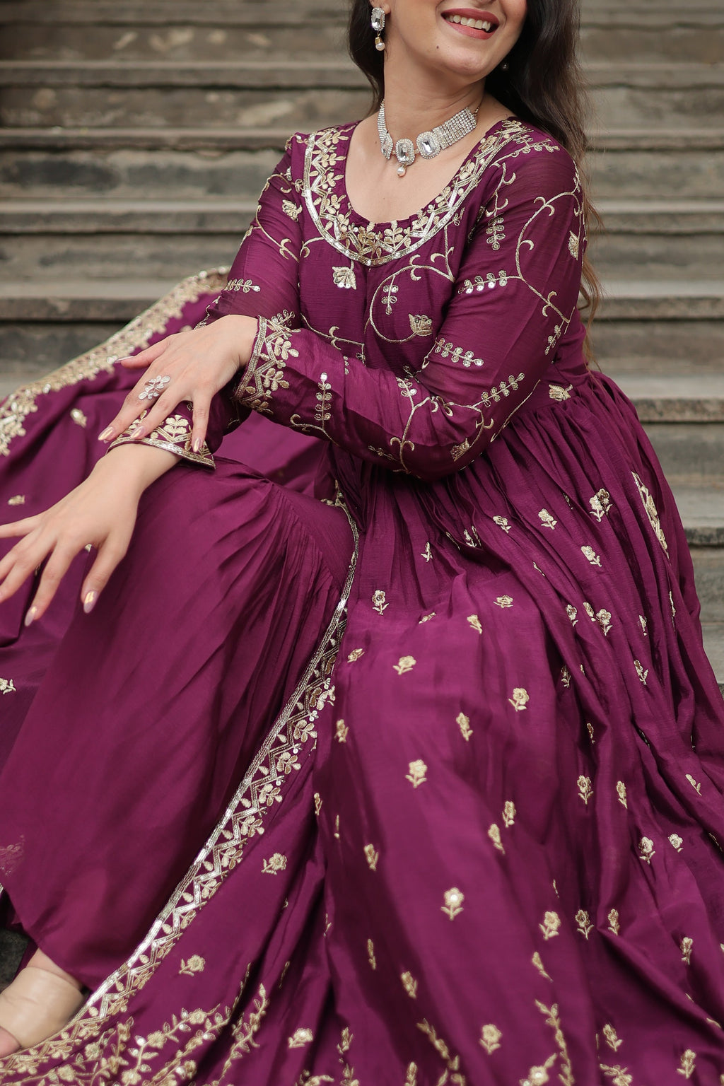 Paridhi Wine Georgette Embroidered Kurti Sharara Set