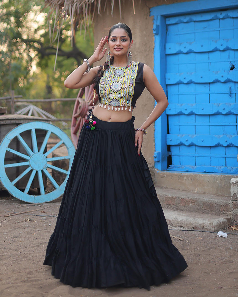 Black rayon embroidered Parnika Navratri lehenga choli set