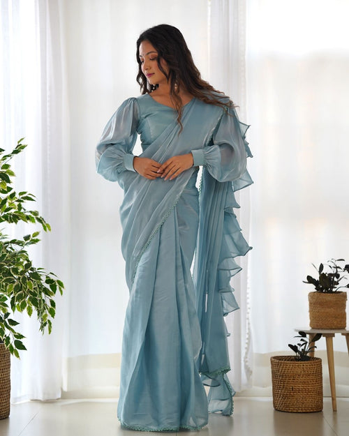 Anushree lavender ready-to-wear Jimmy Choo organza ruffle draped saree