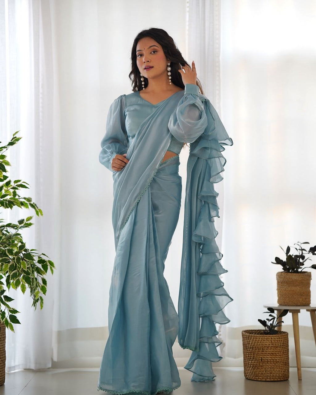 Anushree Lavender Ready-To-Wear Jimmy Choo Organza Ruffle Drapped Saree
