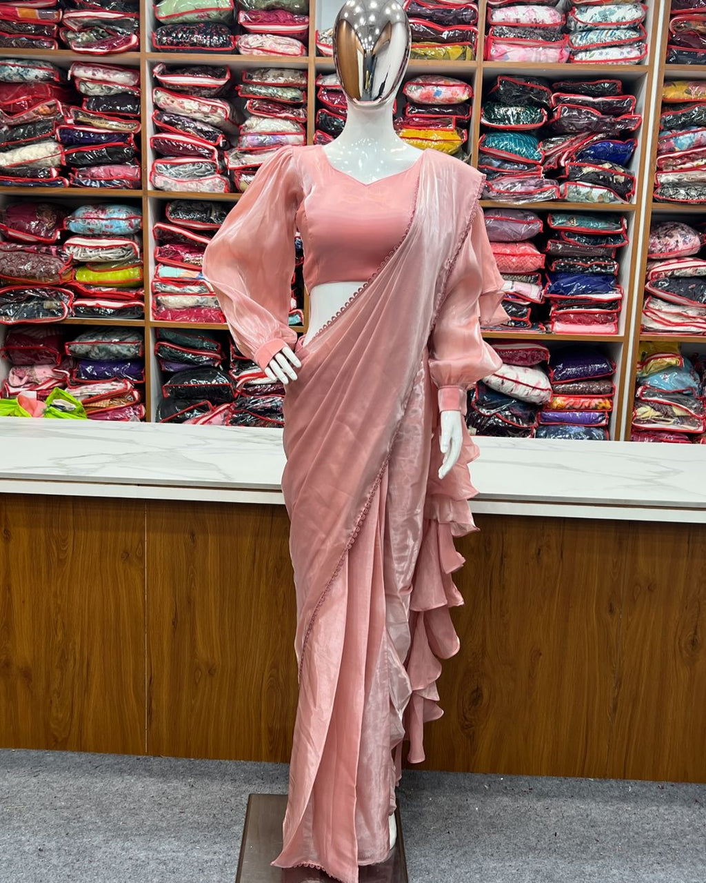 Anushree Peach Ready-To-Wear Jimmy Choo Organza Ruffle Drapped Saree