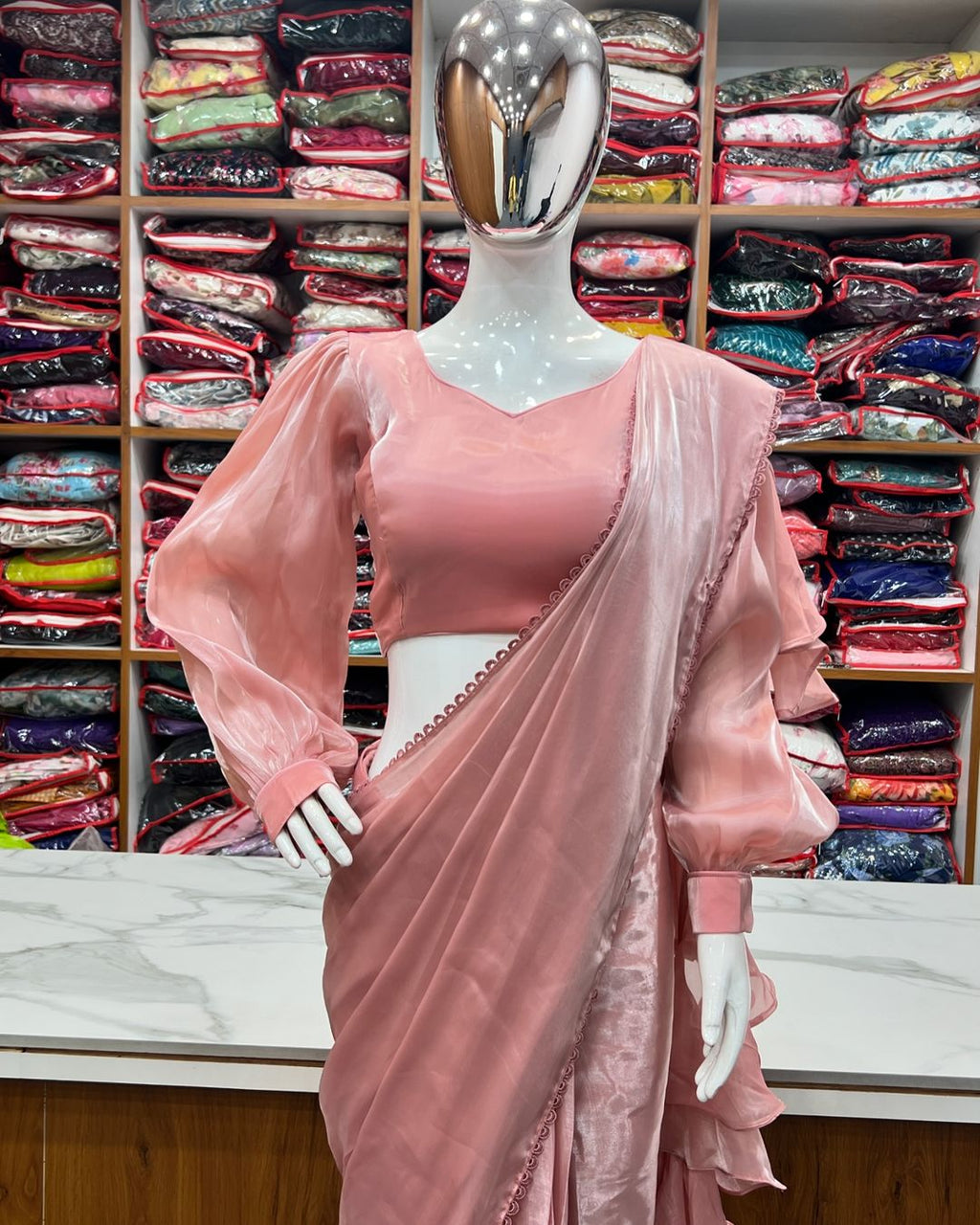 Anushree Peach Ready-To-Wear Jimmy Choo Organza Ruffle Drapped Saree